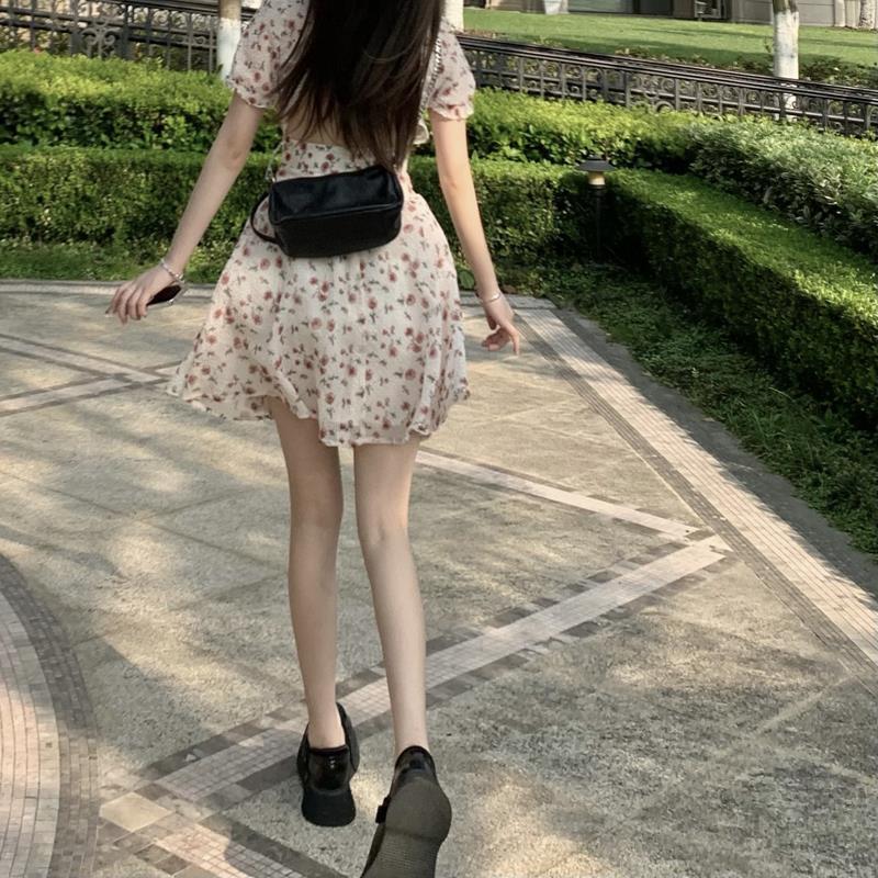 LROTEASHOP碎花裙女夏小个子法式茶歇裙a字泡泡袖收腰露背连衣裙 露背连衣裙 S 85-98