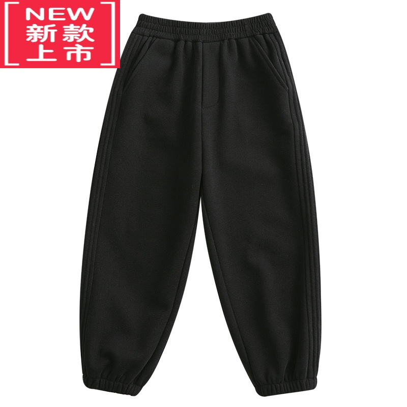 可莉允童装冬季新品男女儿童亲子黑色松紧腰加绒保暖棉质束脚运动裤保暖裤