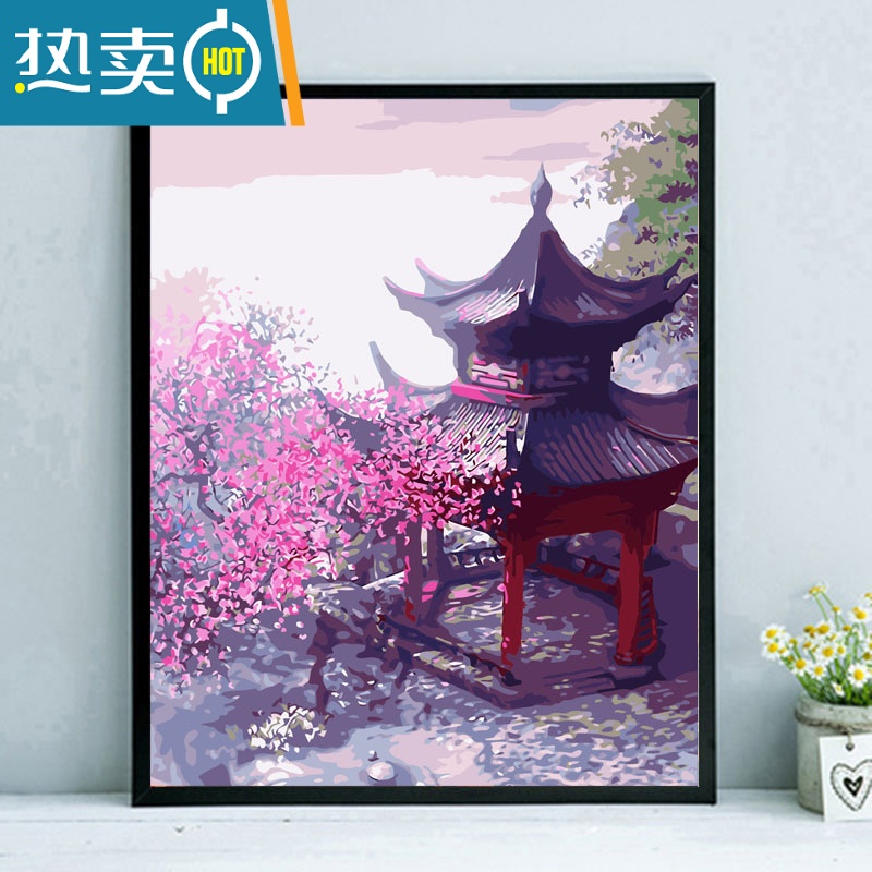 敬平diy手绘日式茶屋油彩画减压涂色数码画客厅风景装饰挂画装饰画 X061云深不知处 50*65cm绷好2.5cm厚内框彩色画板+颜料+画笔+挂画