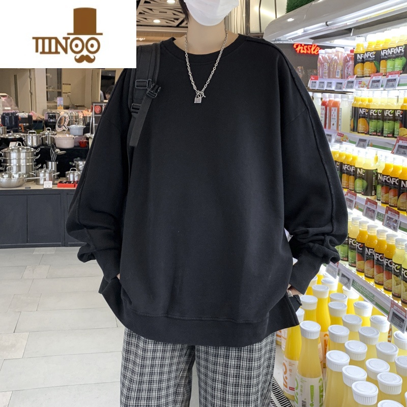 YANXU长袖t恤男宽松圆领纯色百搭上衣港风痞帅休闲打底衫韩版卫男高清大图