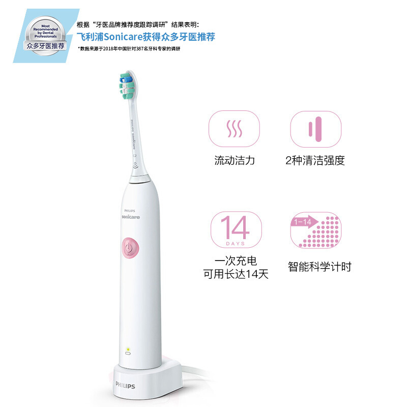 飞利浦(PHILIPS) 电动牙刷 充电式声波震动牙刷 自带1支刷头 2种洁齿强度 蜜桃粉HX3734/03