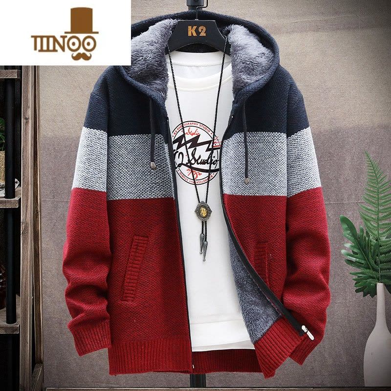 YANXU冬季针织衫男士开衫外套加绒加厚连帽拼色毛衣男外搭衣服外穿毛衣图片