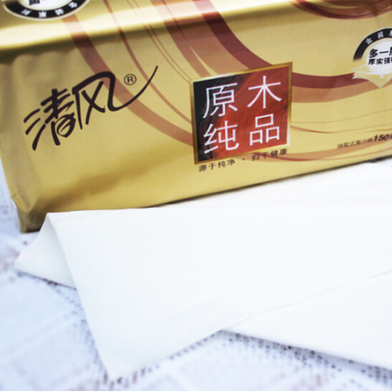 清风抽纸原木纯品金装软抽纸3层150抽*3包中规格 BR36MJ(16提起订)