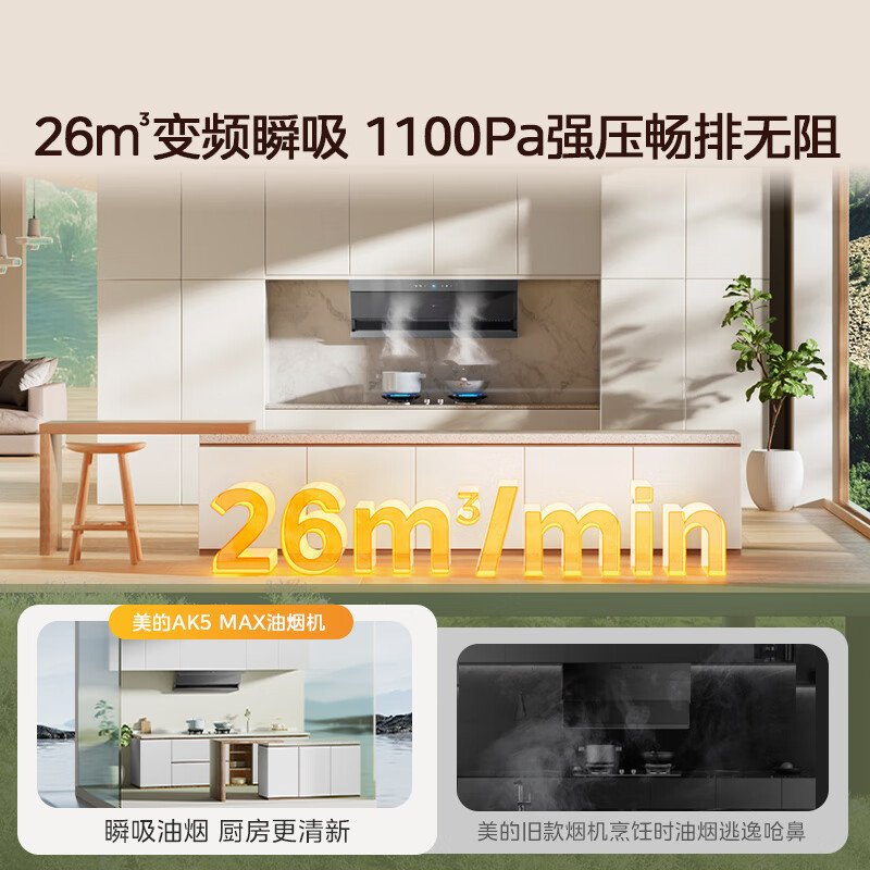 [高温蒸汽洗]美的(Midea)油烟机AK5MAX顶侧一体跨界双腔 烟灶联动26m³大吸力1100Pa变频 超薄抽油烟机