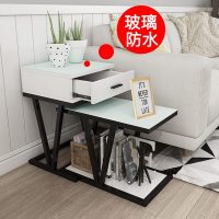 简约沙发边几柜侧边柜客厅多功能边角几小茶几桌北欧卧室边桌移动 白玻+白板+黑架抽屉款