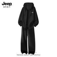 Jeep吉普开衫卫衣套装男款春秋季新款宽松休闲运动服外套长裤男款 3XL 黑色吉普标+黑色