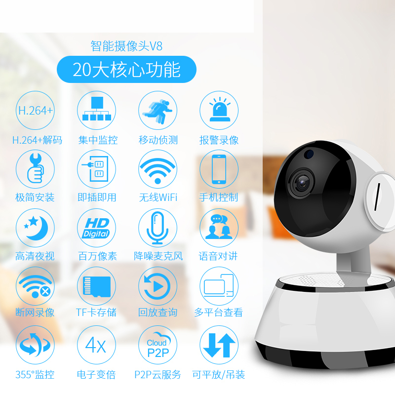 白色 无 960P 3.6mm 无线摄像头360度全景手机远程监控家用无死角高清夜视室内摄影