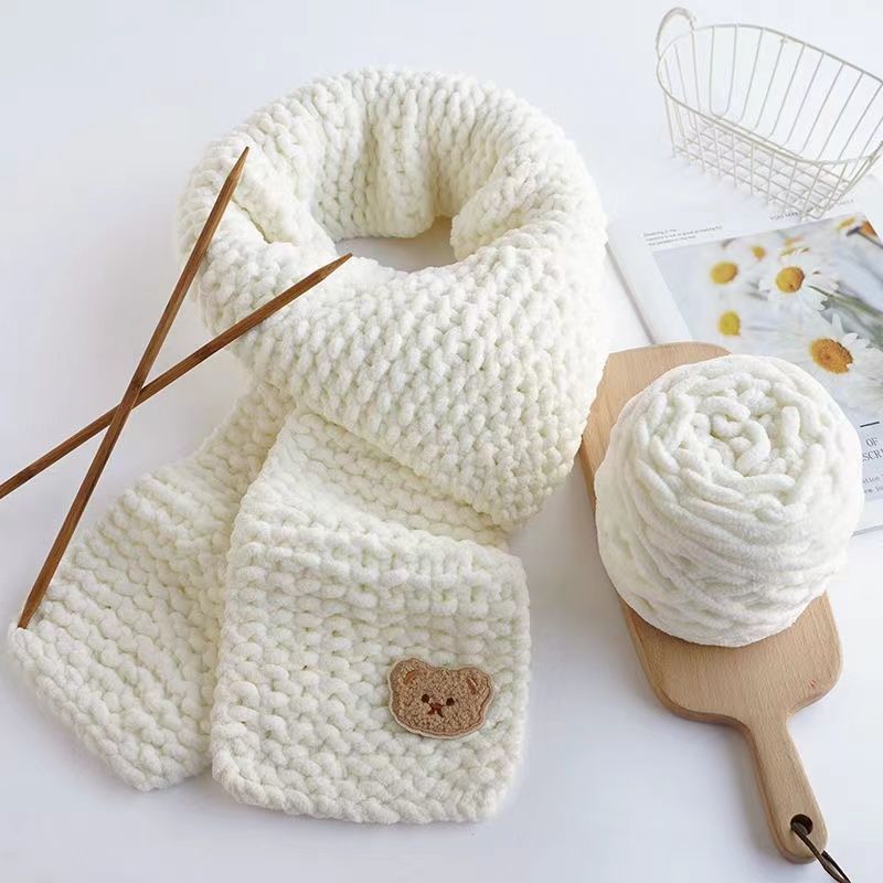 教程2团线儿童款送棒针小熊贴小熊围巾材料包冰条线手工diy编织围巾线