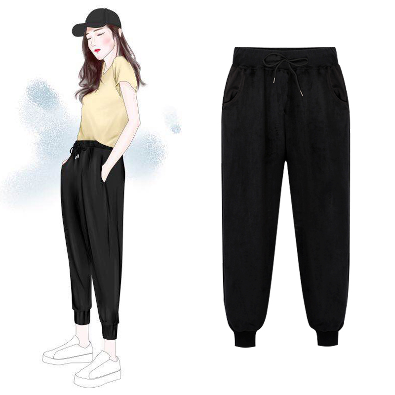 SUNTEK加肥加大码灰色运动裤女宽松束脚春秋棉200斤胖mm束脚裤卫裤潮休闲裤