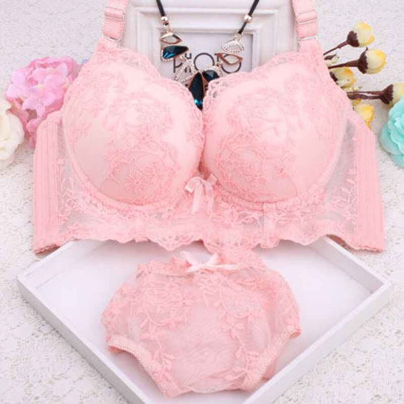 拢文胸成套装大学生加厚款纯白色蕾丝酒红高中少女浅粉色内衣裤