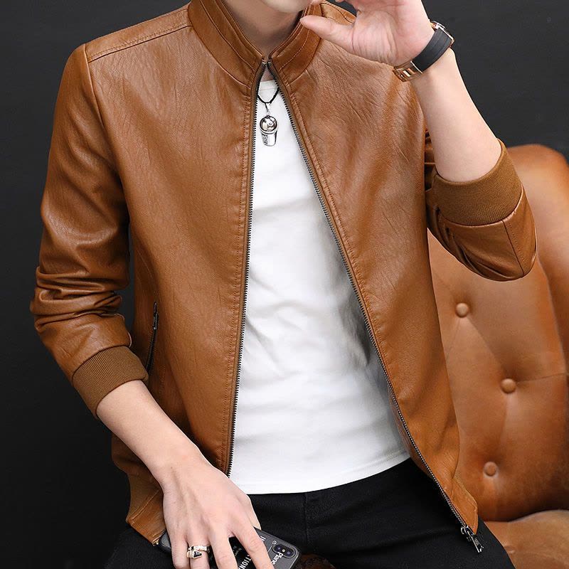 秋季新款男士皮衣男外套修身中青年爸爸棒球服领飞行夹克图片