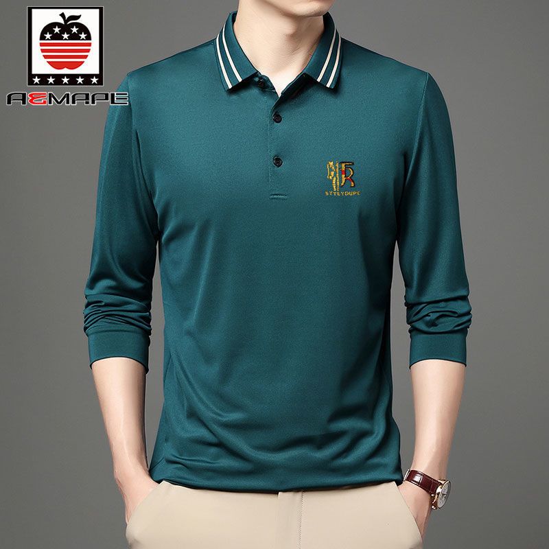 爱曼普新款含棉男士polo衫时尚条纹领纯色百搭休闲长袖薄款T恤男