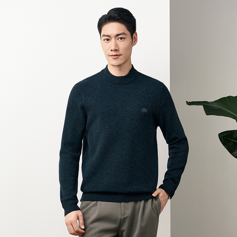 [纯羊毛]恒源祥羊毛衫男2024新款水洗休闲半高领套头长袖毛衣
