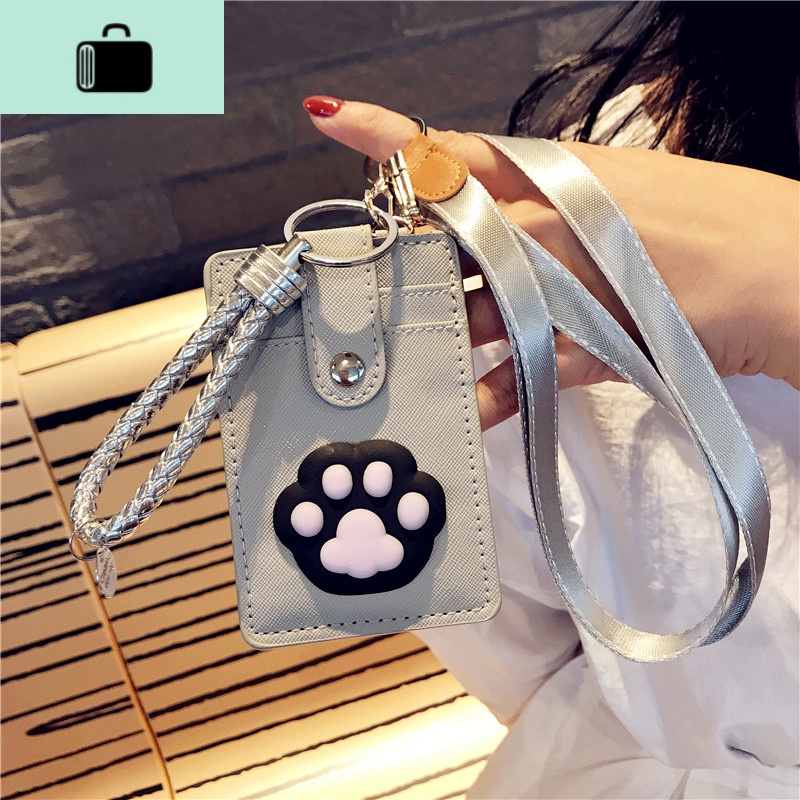 卡通可爱带挂绳卡套公交饭卡学生校园卡保护套乘车交通地铁卡包女NEW LAKE女士钱包/卡包 银3位贴软黑猫爪-银+银绳