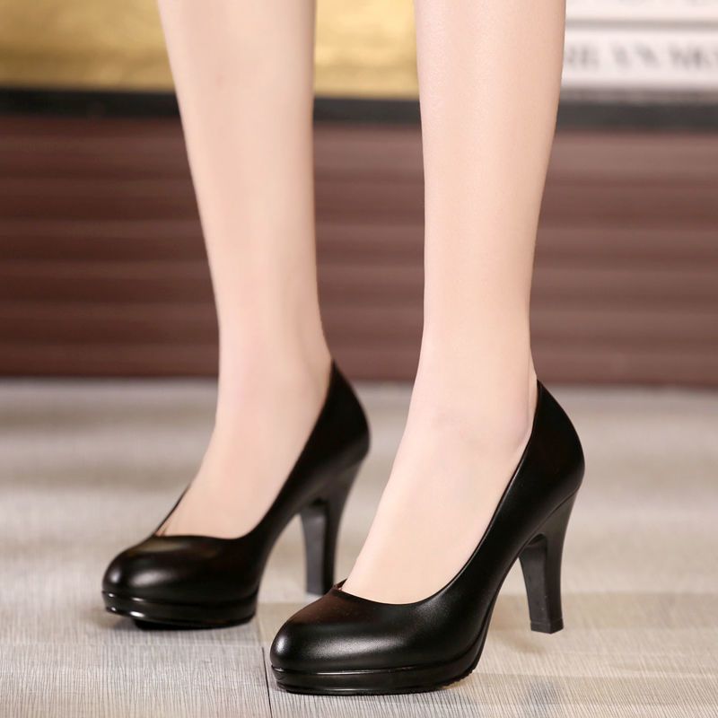 软皮职业高跟鞋女单鞋黑色工作鞋防水台学生面试皮鞋礼仪女鞋黑色亚光