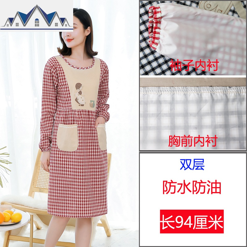 围裙可爱日系家用韩版棉长袖厨房防水防油女时尚大人中长款罩衣 三维工匠