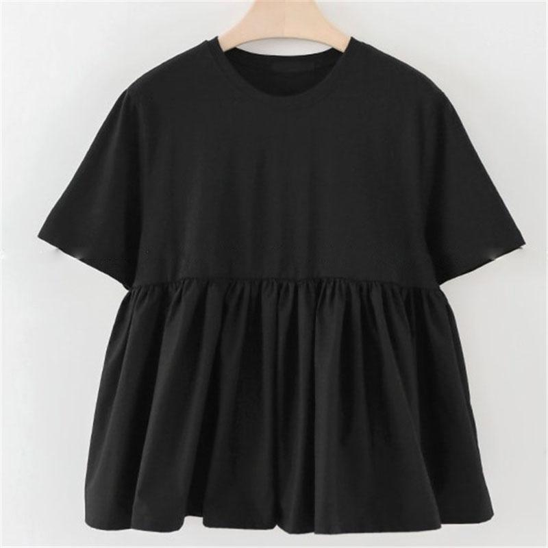 胖mm300斤女装上衣韩版宽松大码240遮肚春夏短袖t恤拼接娃娃衫潮黑色m