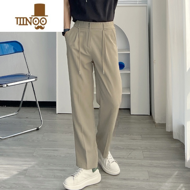 YANXU渣渣鹿冰丝休闲裤薄款垂感小西裤男款夏季宽松直筒系带免烫长裤潮高清大图