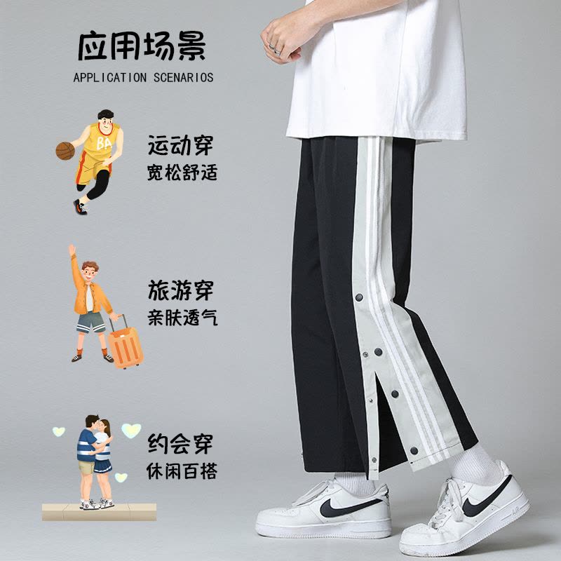 WOOG2005排扣裤男夏季薄款大码条纹学生潮牌宽松高街休闲运动裤子图片