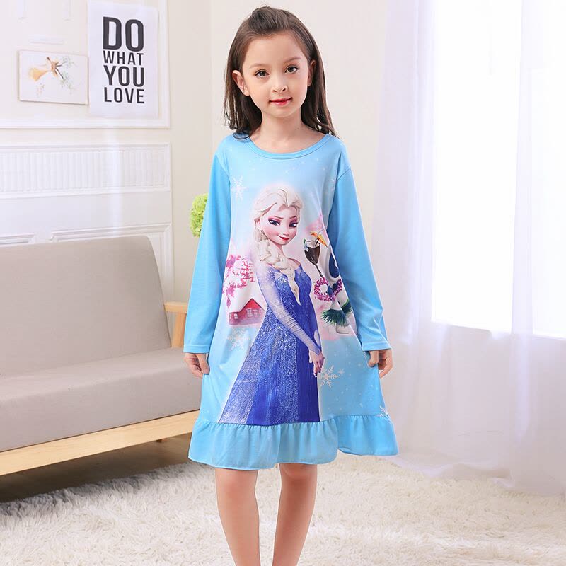 迪鲁奥(DILUAO)春季儿童长袖睡裙女童纯棉睡衣卡通白雪公主裙子冰雪奇缘秋季童装图片