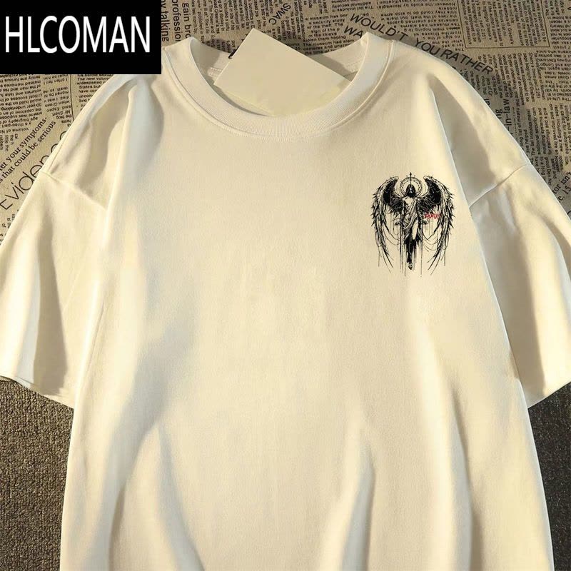 HLCOMAN短袖t恤男女同款夏季宽松港风翅膀天使半袖百搭男装K图片