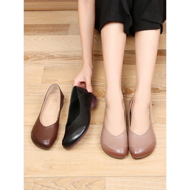 旺奈(wangnai)方头复古女鞋真皮软底浅口单鞋女大码中年牛筋底妈妈