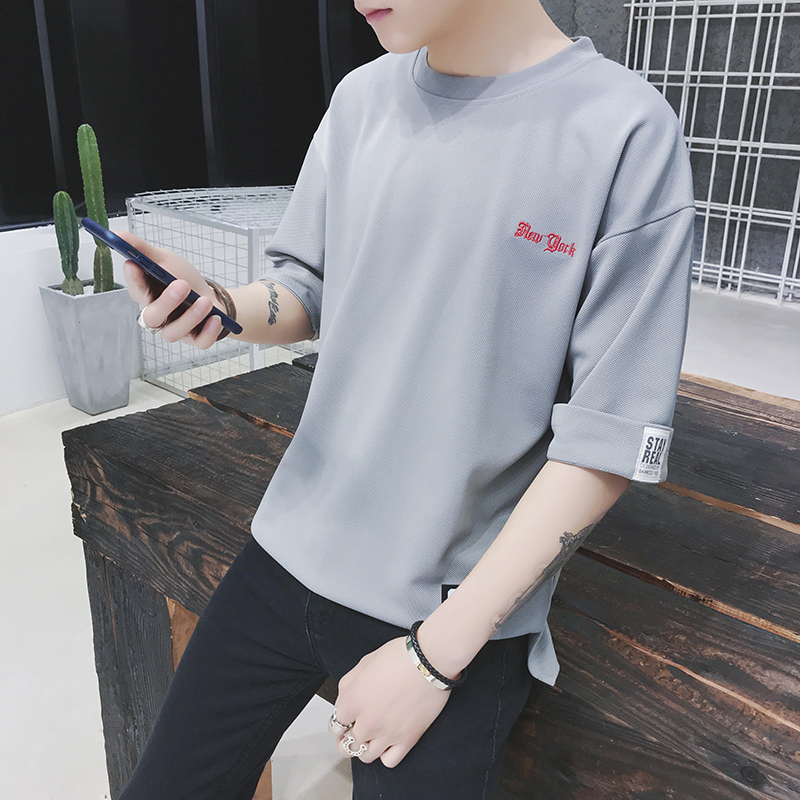 夏款男士短袖T恤韩版宽松圆领半袖夏装中袖衣服刺绣七分袖时尚