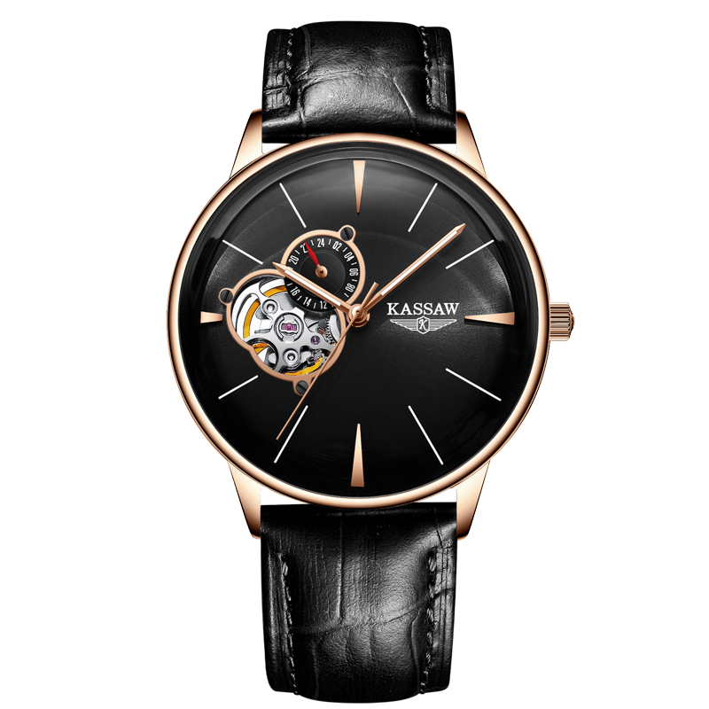 卡梭(KASSAW)机械表 男士手表时尚自动机械表镂空曲面机械系列防水男表 商务休闲男士手表K873G 玫瑰金黑面皮带