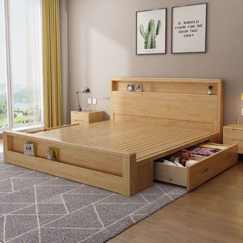 宜锦记 北欧实木床带书架1.5米简约现代小户型抽屉高箱1.8m双人床主卧