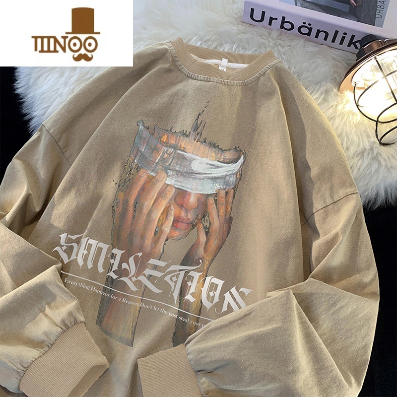 YANXU卫衣男美式水洗做旧圆领长袖t恤宽松潮牌hiphop潮潮iA高清大图