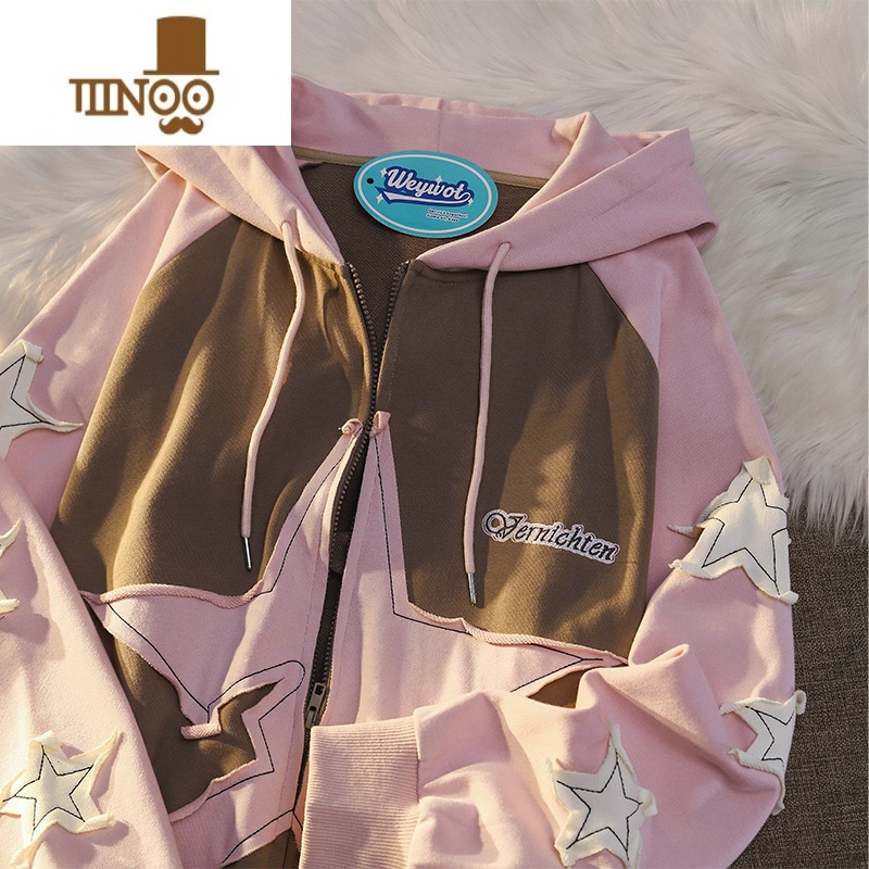 YANXUWEYWOT 国潮牌小众ins星星贴布开衫卫衣男女宽松插肩袖学生党外套高清大图