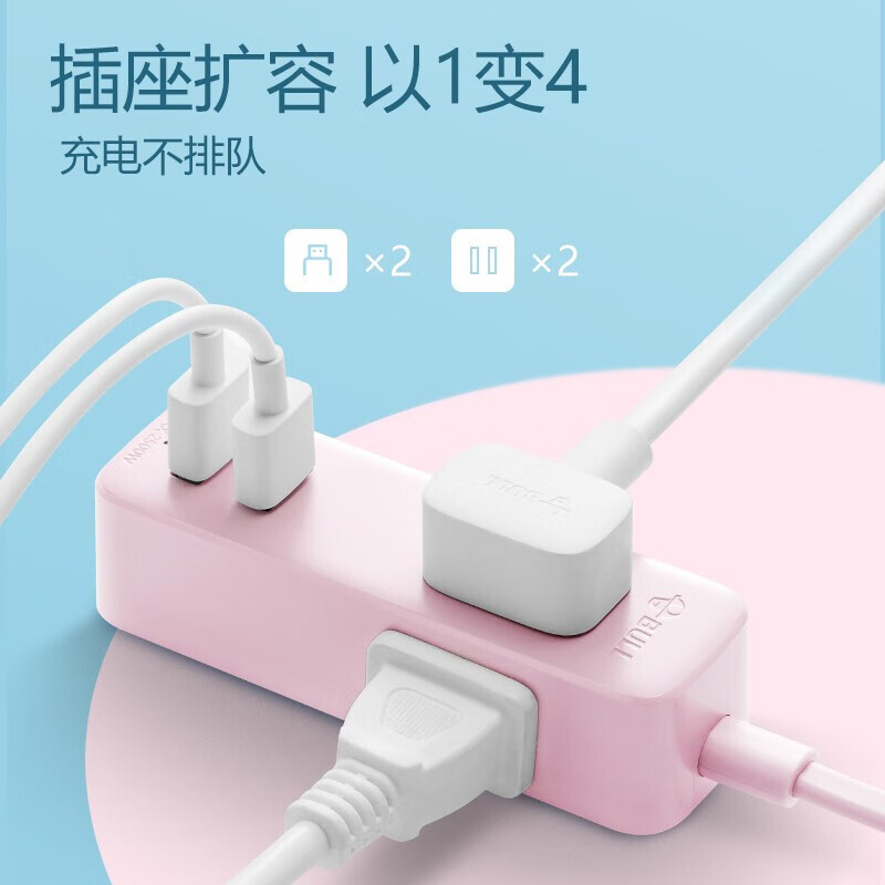 公牛(BULL)新国标智能USB插座/插线板2USB+2位两极插孔 全长1.5米GN-A120U 茱萸粉高清大图