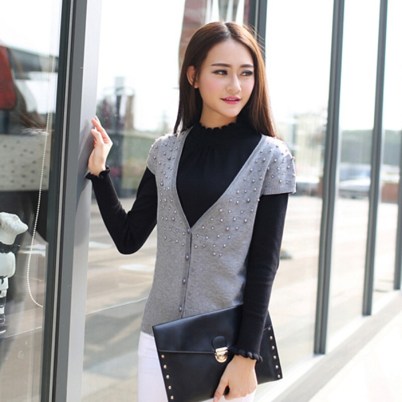 马甲女针织春秋韩版宽松短款v领开衫外搭薄款毛衣背心百搭坎肩女灰色