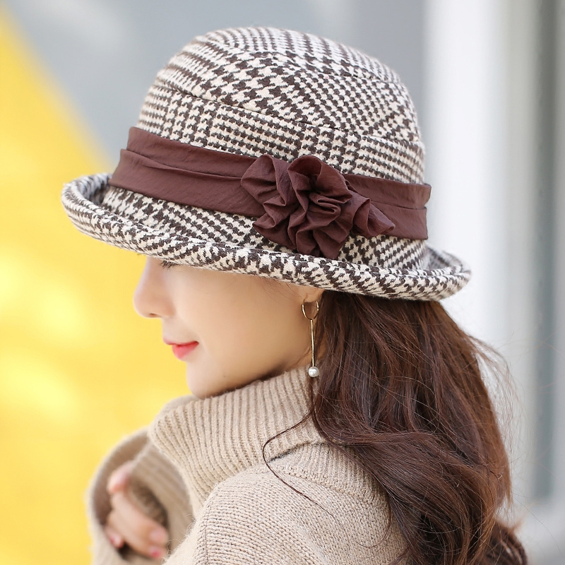 盛世尼曼帽子女秋冬天韩版潮时尚千鸟格时装帽优雅卷边贝雷帽小盆帽