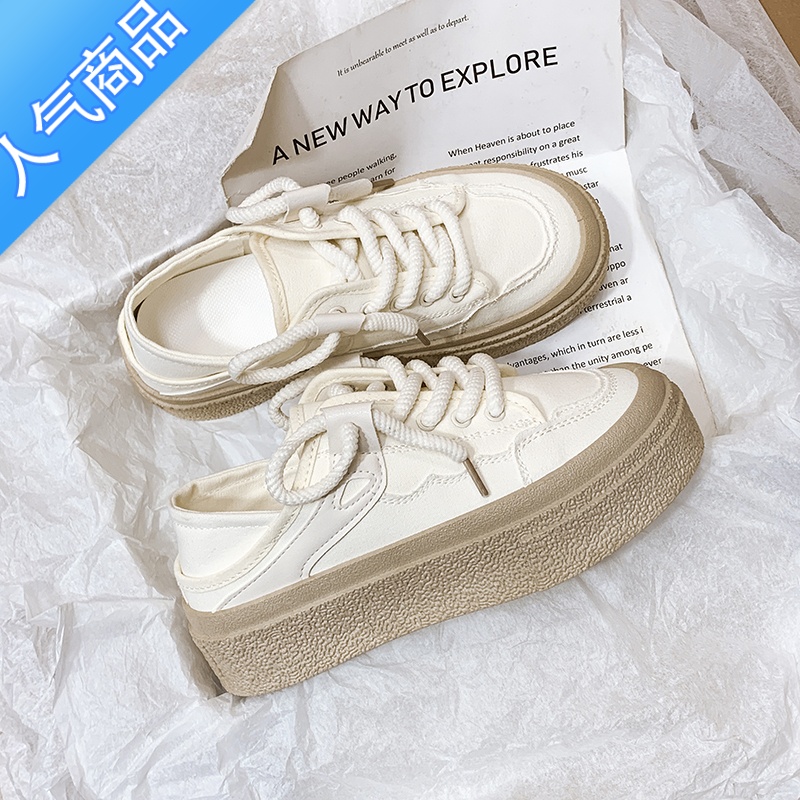 SUNTEK奶白两穿半拖帆布鞋女春夏新款ins潮小众设计学生一脚蹬小白鞋子高清大图