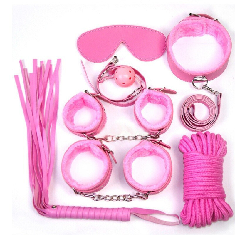 sm女用器具 sm情趣用品 SM手铐脚铐颈圈口塞皮鞭眼罩捆绑绳子七件套刑器具调教情趣性用品 七件套-红色