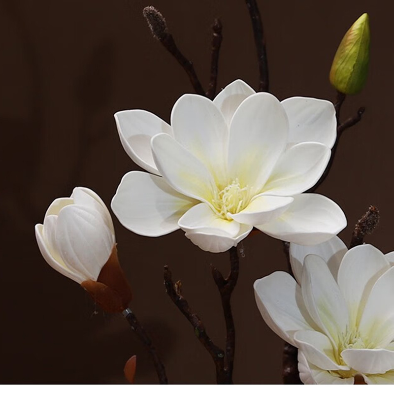 小窝厘 仿真玉兰花套装陶瓷花瓶桌面假花装饰 黑花瓶+白色花套装