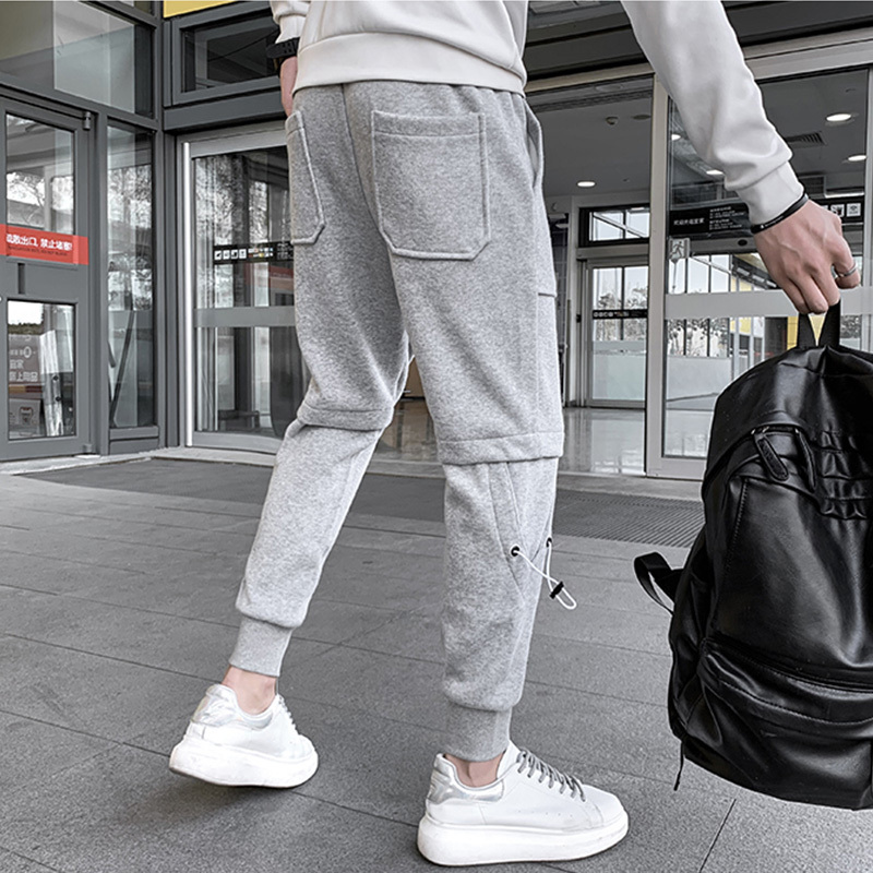 yuansu冬季加厚休闲卫裤男灰色潮牌收口小脚多口袋痞帅工装机能风长