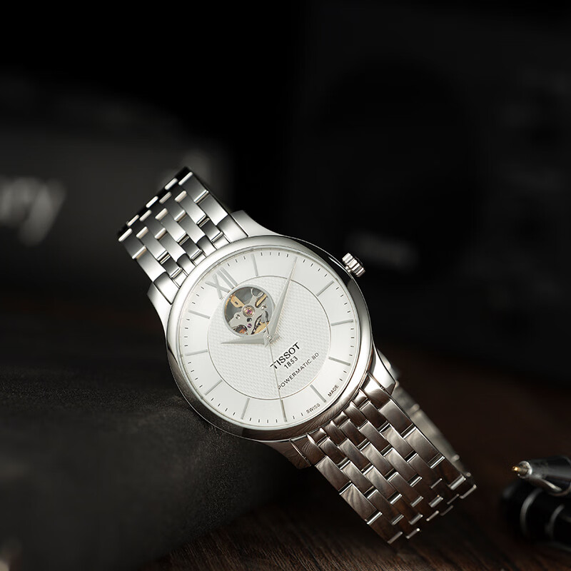 天梭(TISSOT)瑞士品牌手表男俊雅系列1853镂空全自动机械表送男友 白盘钢带T063.907.11.038.00高清大图
