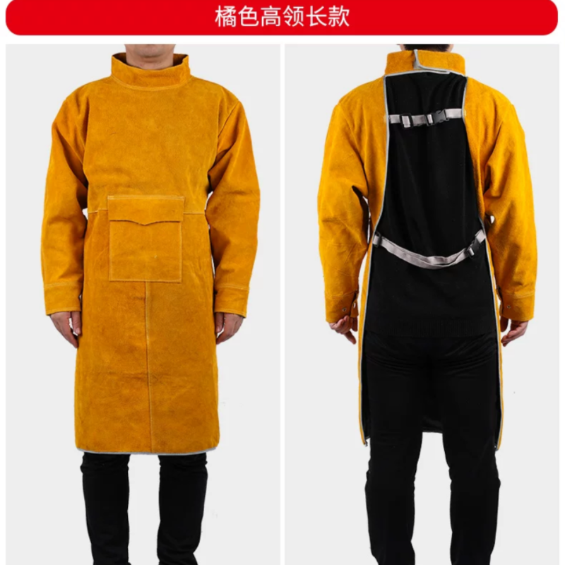 中固电焊工牛皮耐磨隔热防烫耐高温防护衣反穿衣焊工围裙氩弧焊工作服桔色长款高领长袖105cm高清大图
