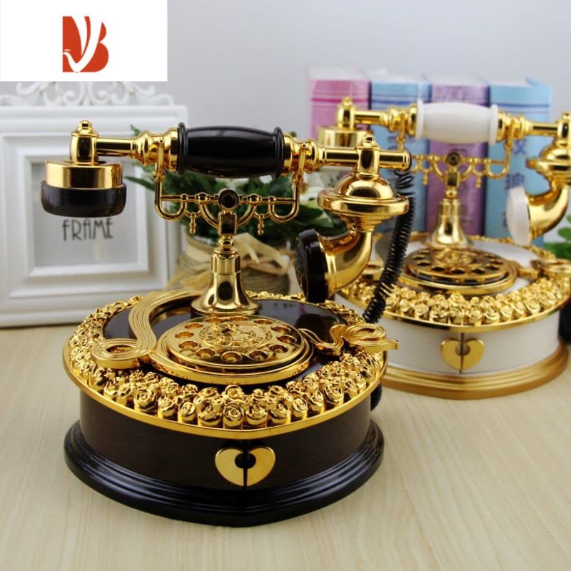 三维工匠复古老式拨盘心型电话机八音盒欧式电话收纳音乐盒酒吧咖啡厅摆件 电话音乐盒白金色图片