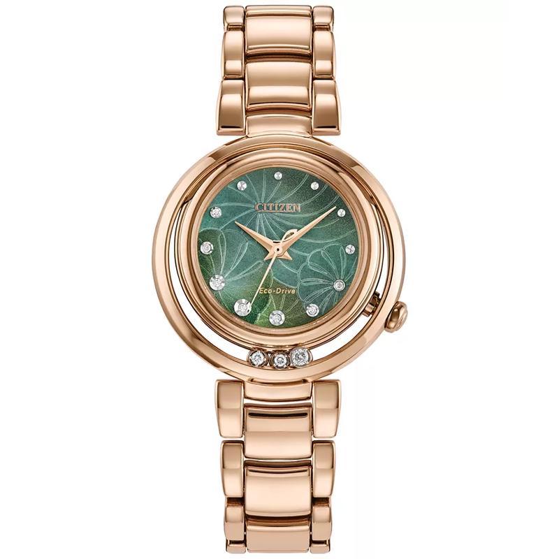 西铁城(CITIZEN)女士石英表玫瑰金不锈钢表带30mm绿面镶钻防水生态驱动手表
