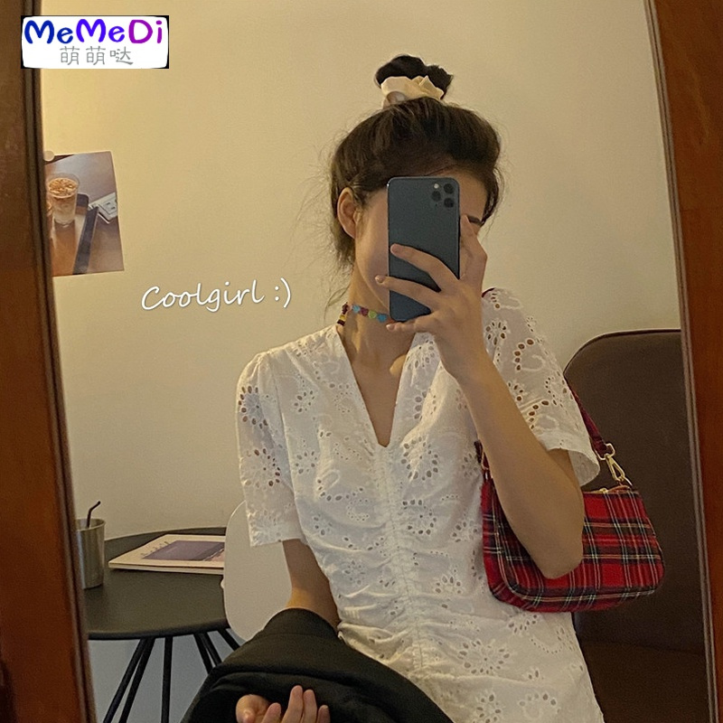 2020夏季新款法式众桔梗裙收腰显瘦V领钩镂空短袖连裙女