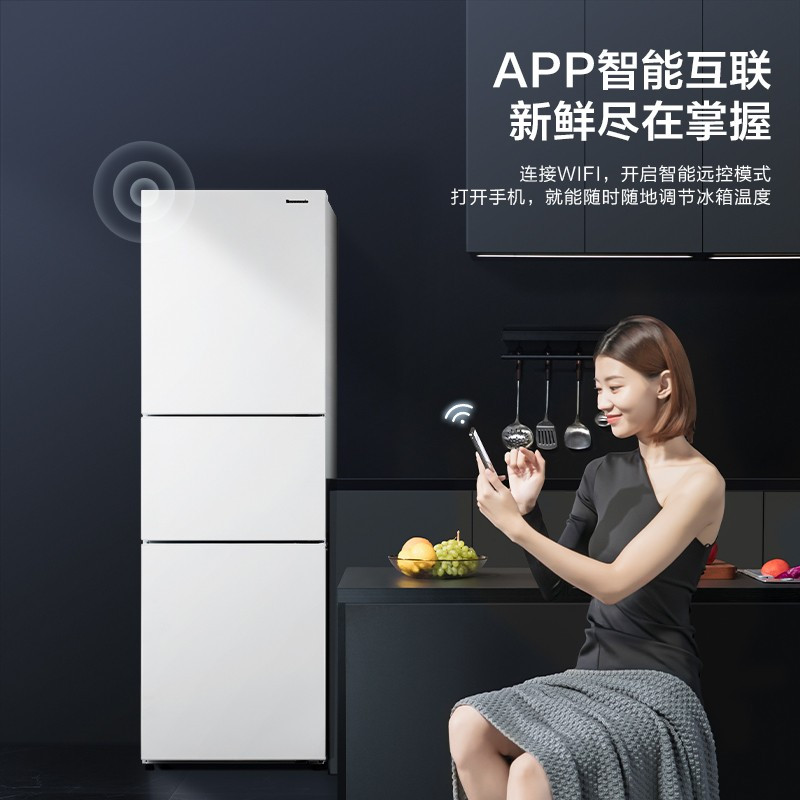 松下(Panasonic)265升家用三门冰箱 60cm超薄小 自由嵌入式 风冷无霜 磨砂白色NR-EC26WPA-W