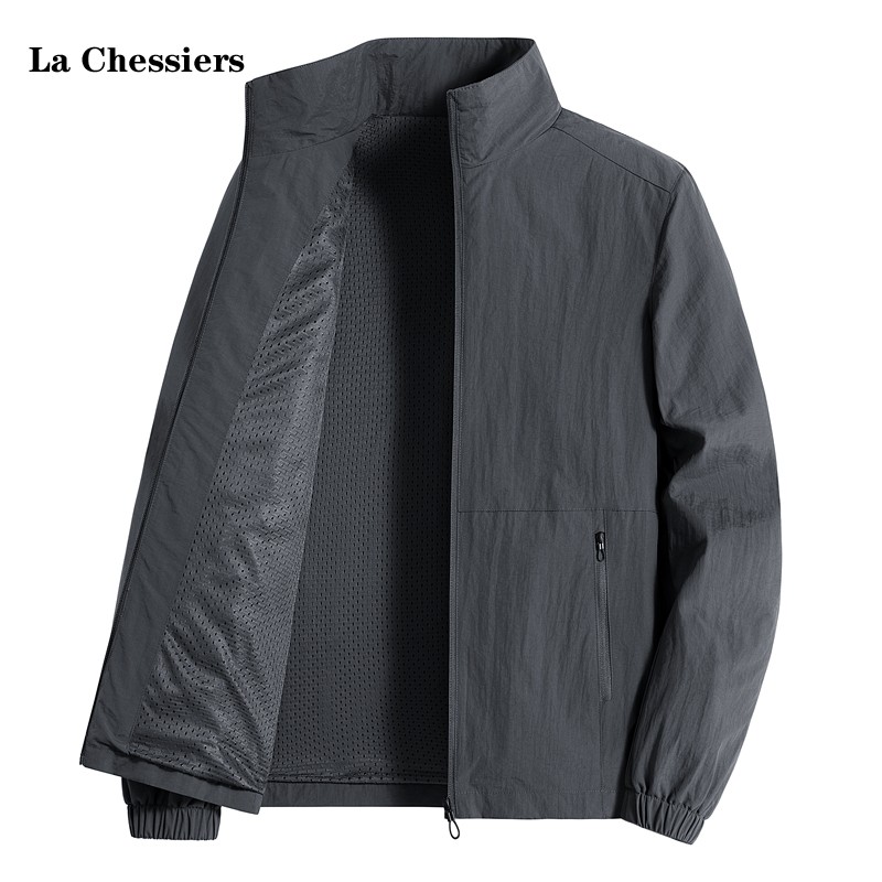 La Chessiers官方立领夹克外套男春秋季防水加大码宽松户外可脱卸帽冬季加绒 深灰立领【春秋款】 3XL