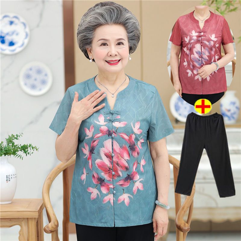 中老年女装夏装妈妈装短袖衬衫60-70-80岁奶奶唐装中式衬衣两件套 XC-12短袖粉色单件上衣 L(建议70-85斤)