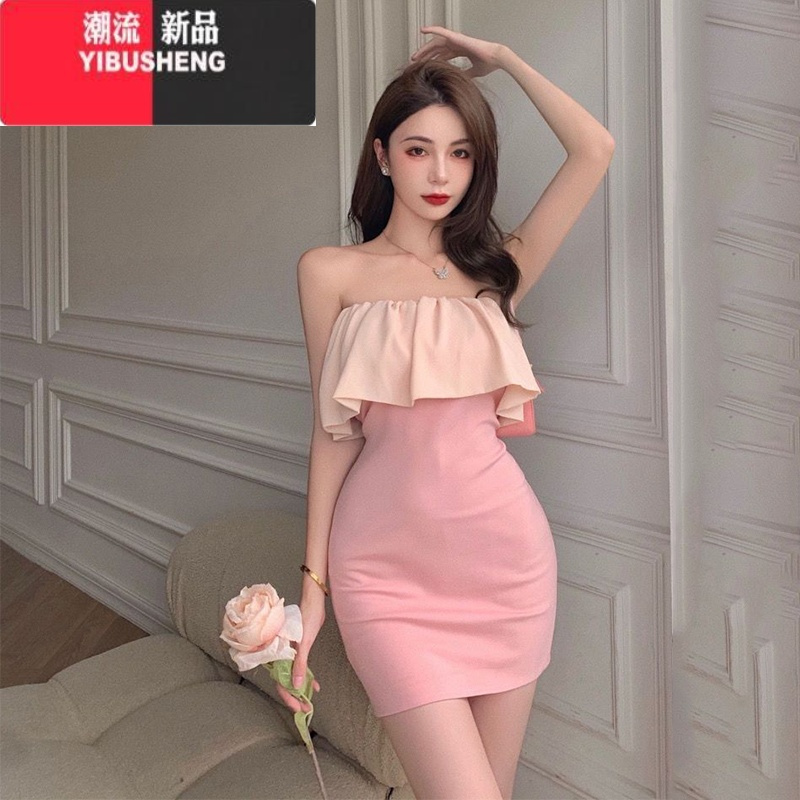 YIBUSHENG法式御姐气质连衣裙女新款性感一字领露肩雪纺抹胸礼服包臀长裙