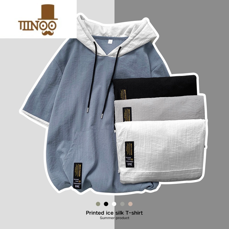 YANXU冰丝短袖连帽卫衣男士夏季薄款潮牌宽松男装上衣体恤半袖t恤衣U高清大图