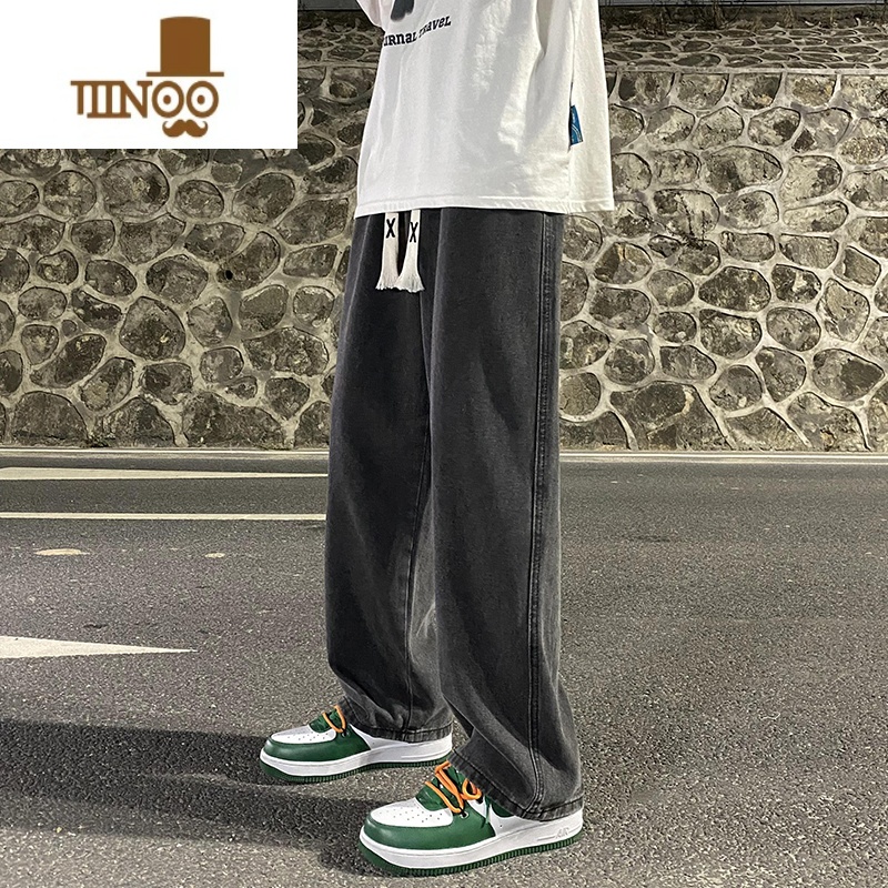 YANXU黑灰色牛仔裤男生夏季宽松直筒长裤ins潮牌复古高街阔腿裤子男款高清大图