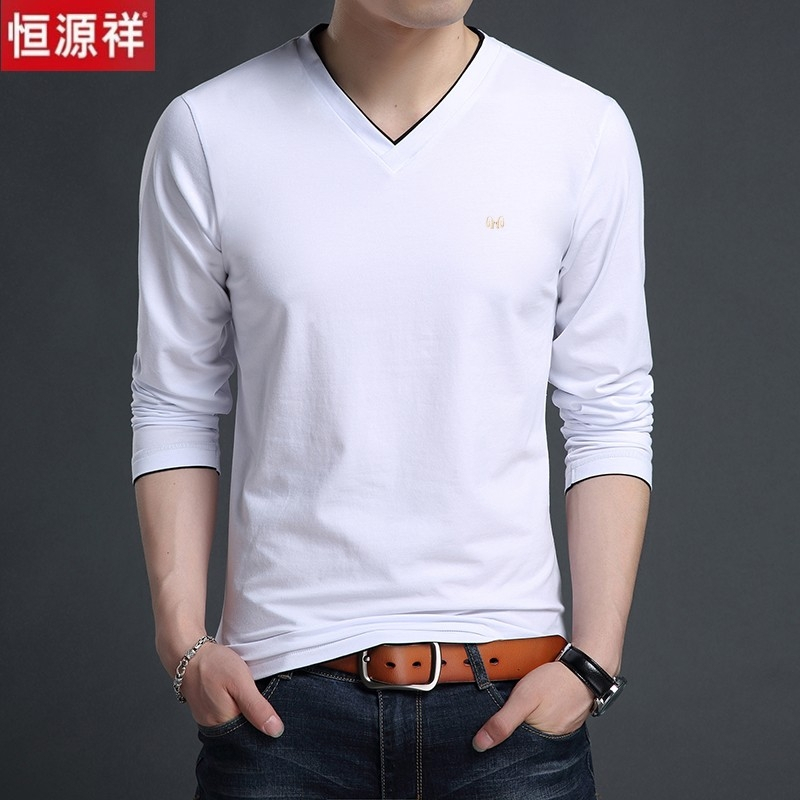 恒源祥秋季青年男士长袖t恤v领纯棉修身上衣鸡心领中年体桖打底衫